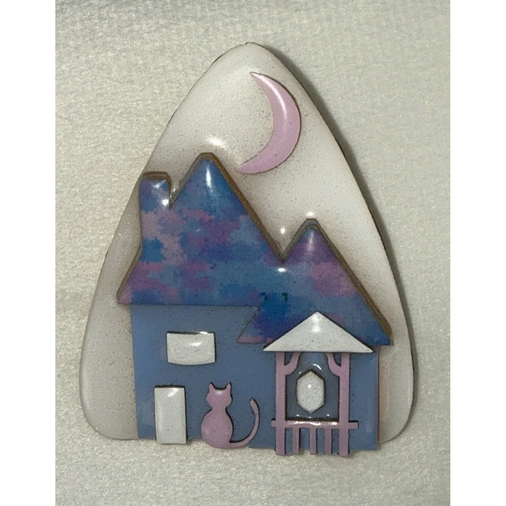 House Pins By Lucinda -Blue, Purple House, Pink Moon, Pink Cat, Night Sky #562